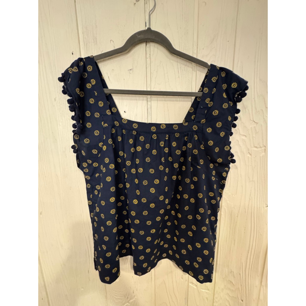 J.Crew Top Size 14 Navy Yellow Floral Pom Pom Sleeveless
